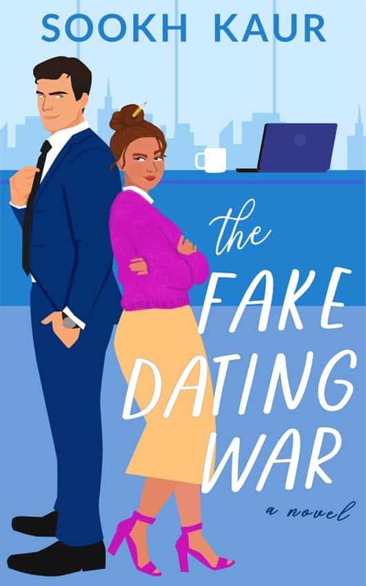 Image of the cover of The Fake Dating War where two characters are back to back in front of a desk.